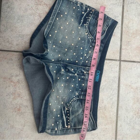 L’amour Nanette Lepore Jean Shorts Rhinestone Pearls y2k hot shorts embroidered - Picture 6 of 6